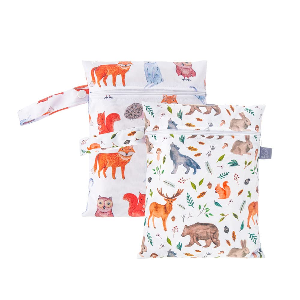 Treer Wet Dry Bag 2 PCS Baby Cloth Nappy Bag Washable Reusable Hanging Baby Diaper Bag with Zipper, Cartoon Animals Waterproof Organizer Bag for Daycare Travel Beach Pool (18x25cm,Nordic Animals)