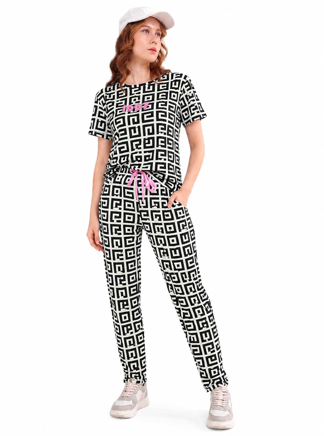 Women's Polyester Geometric Print Night Suit Black-picture-36