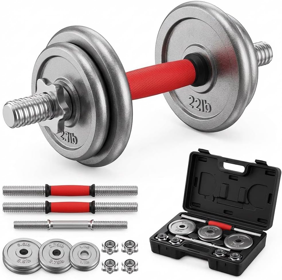 Adjustable Dumbbell Set 44lbs – 2-in-1 Home Gym Cast Iron Barbell & Dumbbell Kit with Carry Box, Stainless Steel Handles, 12 Weight Plates for Men Women Office Bedroom Full-Body Workout