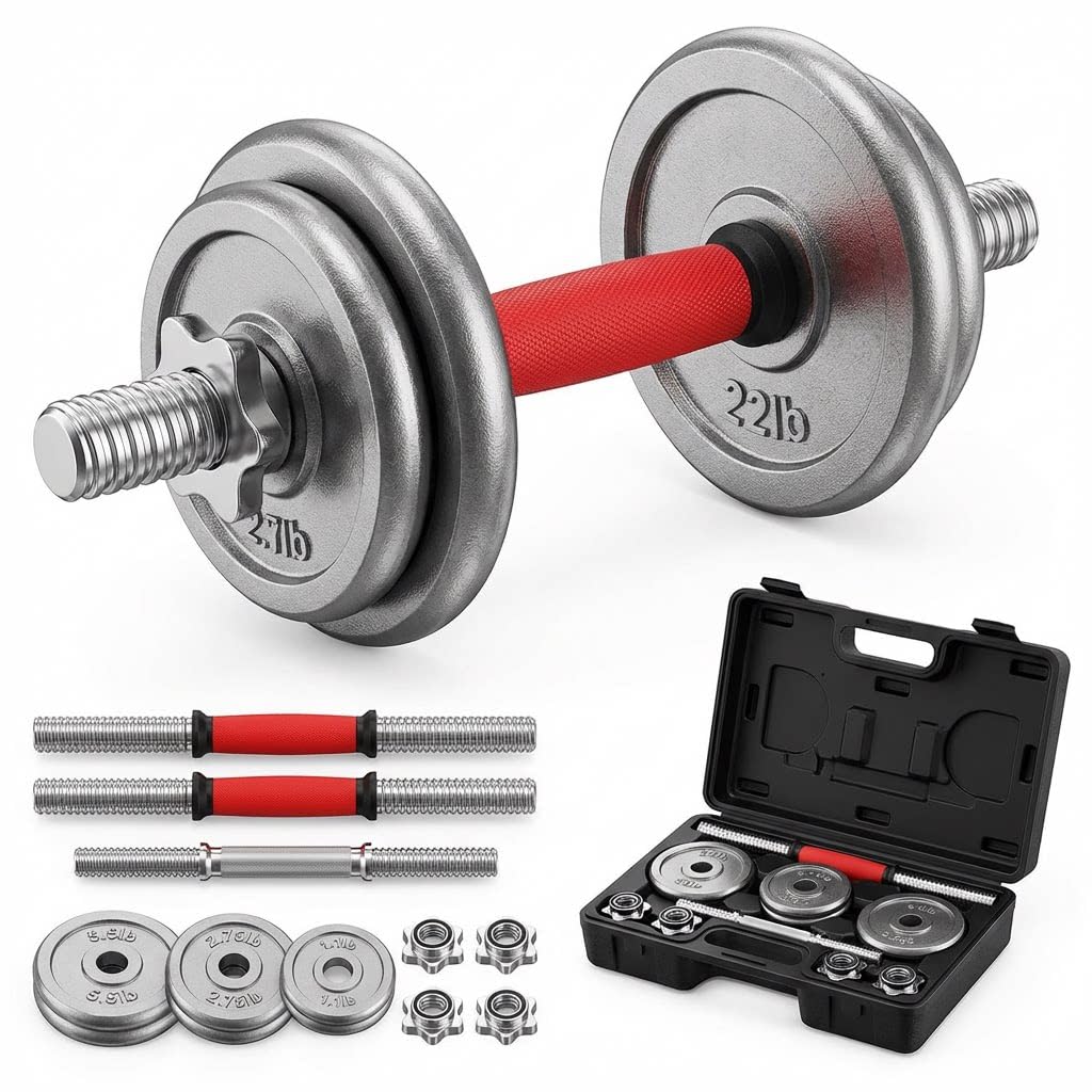 Adjustable Dumbbell Set 44lbs 2-in-1 Home Gym Cast Iron Barbell Dumbbell Kit with Carry Box Stainless Steel Handles