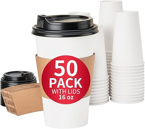 RACETOP Paquete de 50 tazas de café de 16 onzas con tapas y mangas, vasos de papel desechables blancos, tazas calientes para café líquido caliente, disponible en Yaxa Guatemala