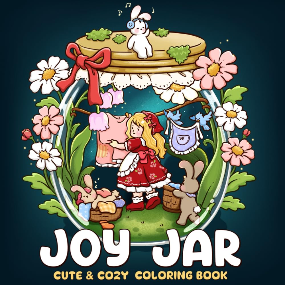 Joy Jar: A Cute & Cozy Coloring Book for Adults and Teens Featuring Tiny Girl and Adorable Bunny Friends in Terrariums for Relaxation