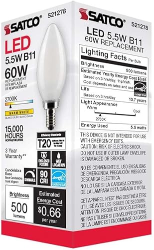 Miniatura 8 de Satco S21278-Bombilla LED B11 de 5.5 vatios para candelabro, blanco cálido, esmerilado, paquete de 6