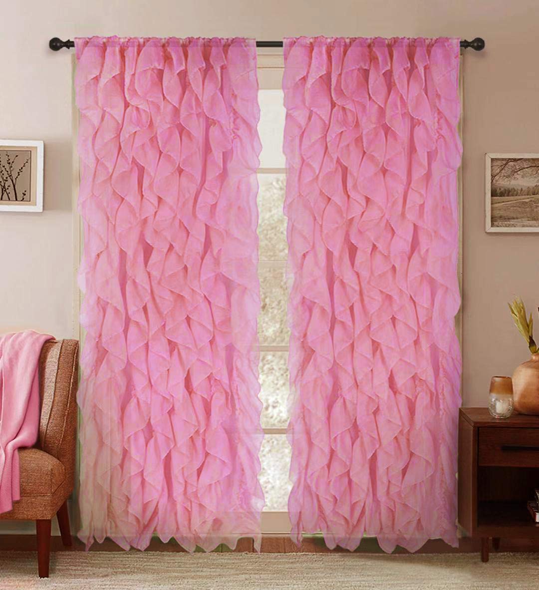 LinenTopia Ruffled Curtains - Sheer Voile Panels, Elegant Shabby Chic Coquette Curtains with Vertical Cascading Ruffles, Lush Decor for Bedroom Living