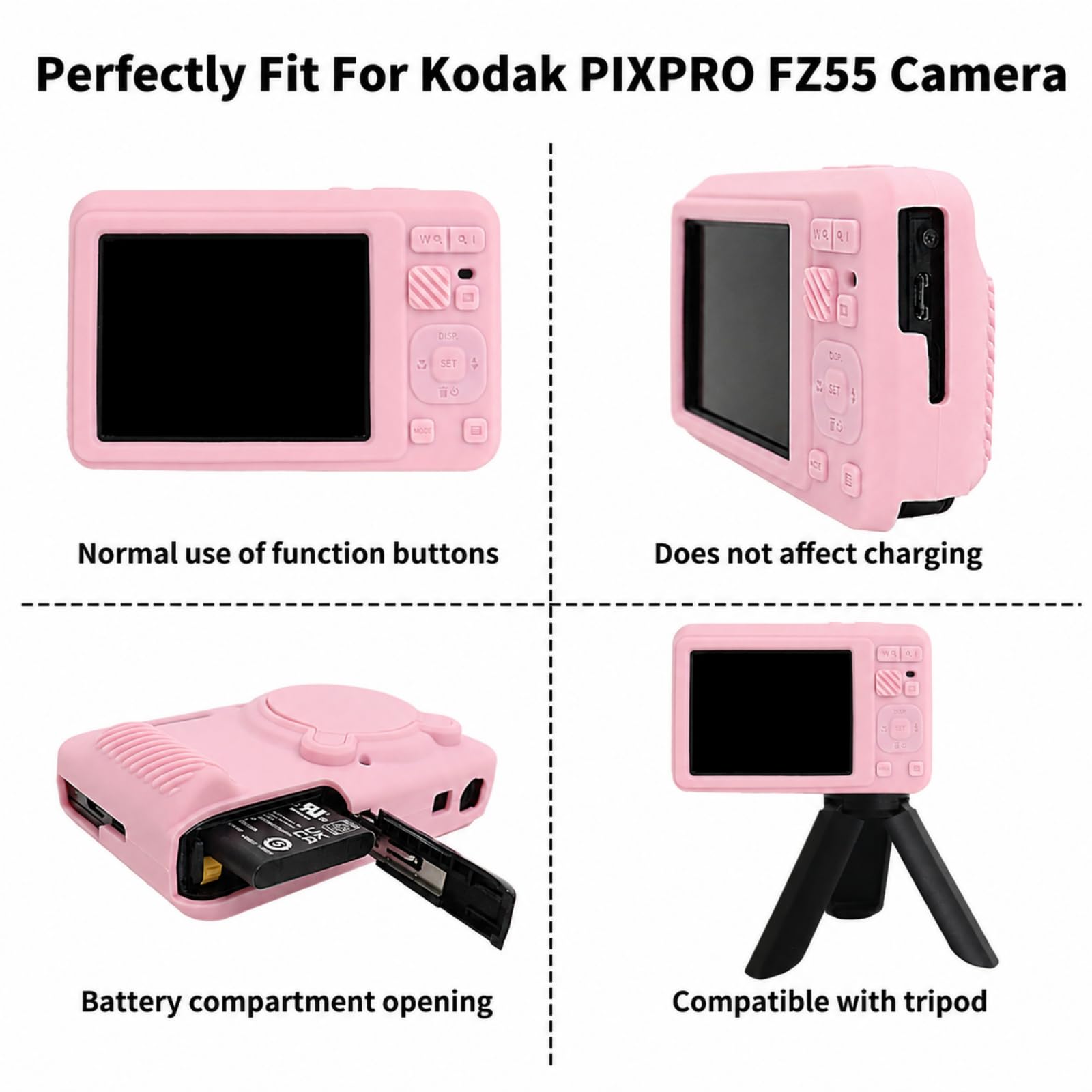 Rieibi Custodia in silicone per Kodak PIXPRO FZ55 fotocamera, accessori per Kodak PIXPRO FZ55 Custodia Protettiva include 2 pellicole protettive, copriobiettivo rimovibile, design antiscivolo, rosa