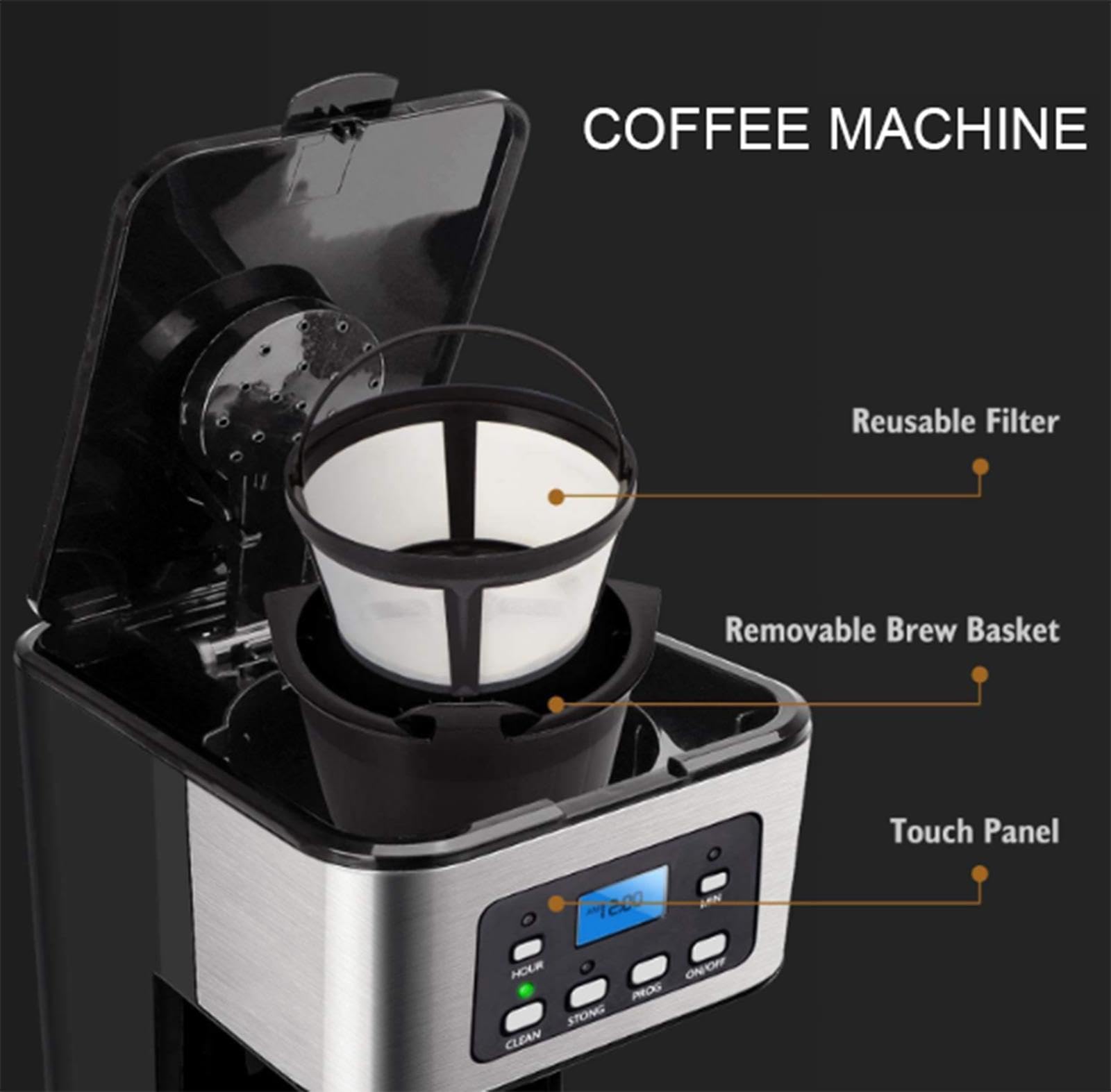 Cafetière Programmable de 12 Tasses pour La Maison et Le Bureau, Cafetière Goutte à Goutte avec Maintien Au Chaud, Carafe en Verre, Filtre Réutilisable, Système Anti-Goutte, Arrêt Automatique