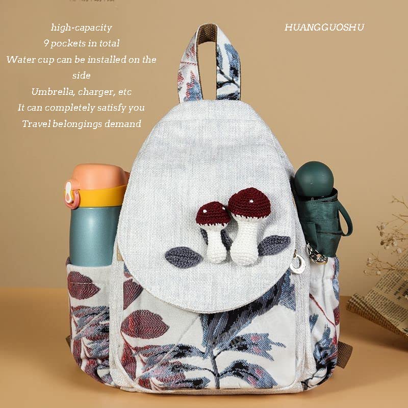 Image of Womens Boho Cotton Hemp Cloth Backpack Boho Vintage Embroidered Casual Purse Handbags Messenger Bag Mushroom Beige Red