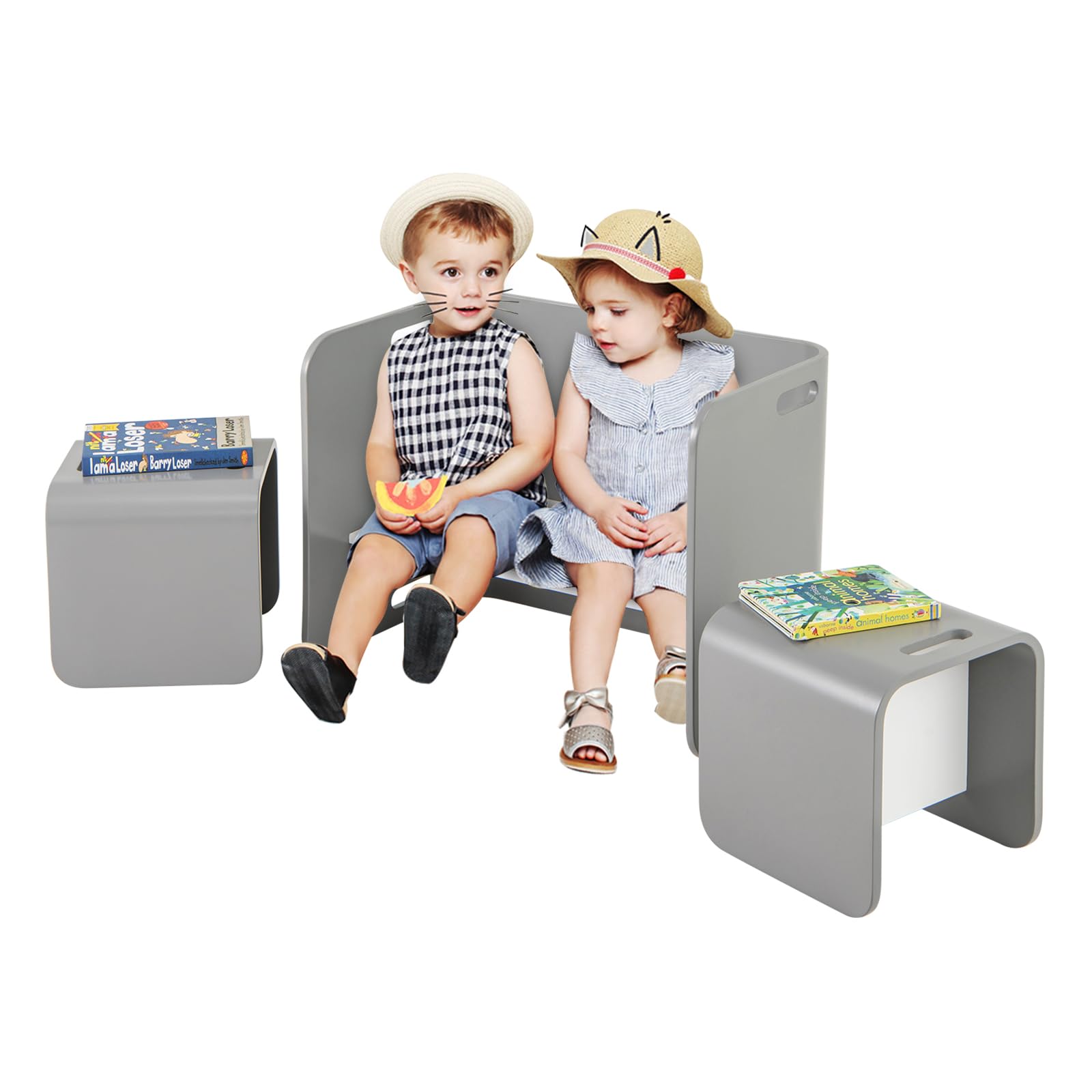 COSTWAY Set Tavolo e 2 Sedie per Bambini 2-9 Anni, Set Multiuso in Legno di Faggio con Maniglie Ergonomiche, Design Salvaspazio, Senza Montaggio, Portata 100 kg (Grigio)