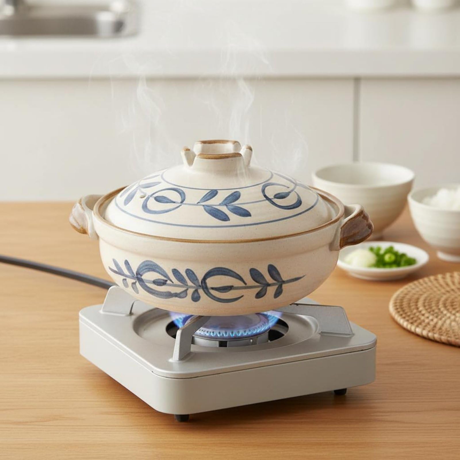 Qianly Pentola in Argilla Stile Giapponese Materiale Naturale Pentola per Zuppa e Stufato Mantiene il Calore Casseruola in Terracotta con Coperchio, 1.6L, Karakusa