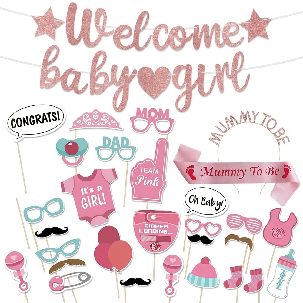 Baby Shower Decoration Set, Mummy to Be Satin Sash, Mummy to Be Headband, Welcome Banner and Photo Booth Props, Party Supplies for Baby Shower Celebration (Pink Baby Girl)