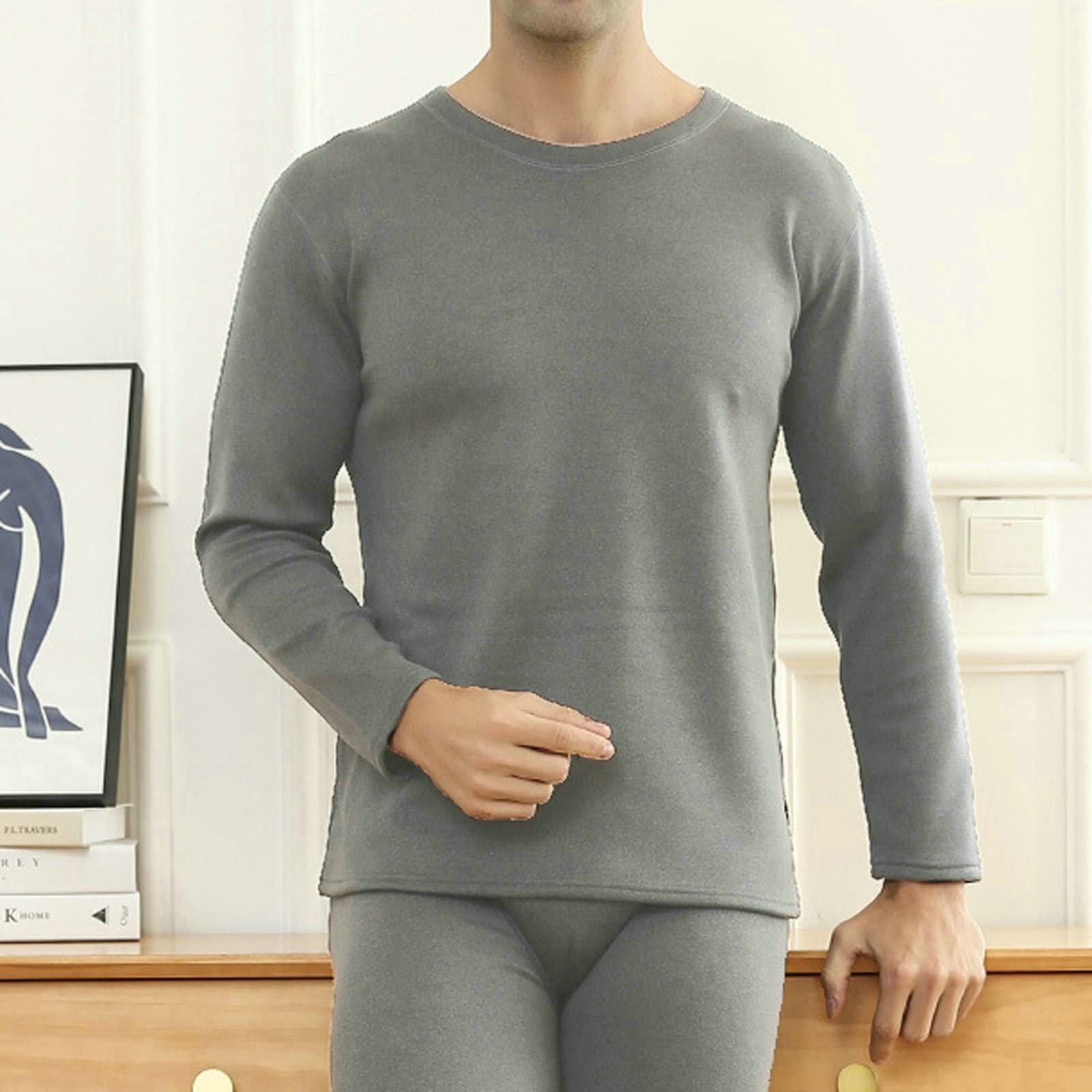 Aeici Ropa interior Térmica térmica Hombre Poliéster Cuello Redondo Alto y Leggings Blanco