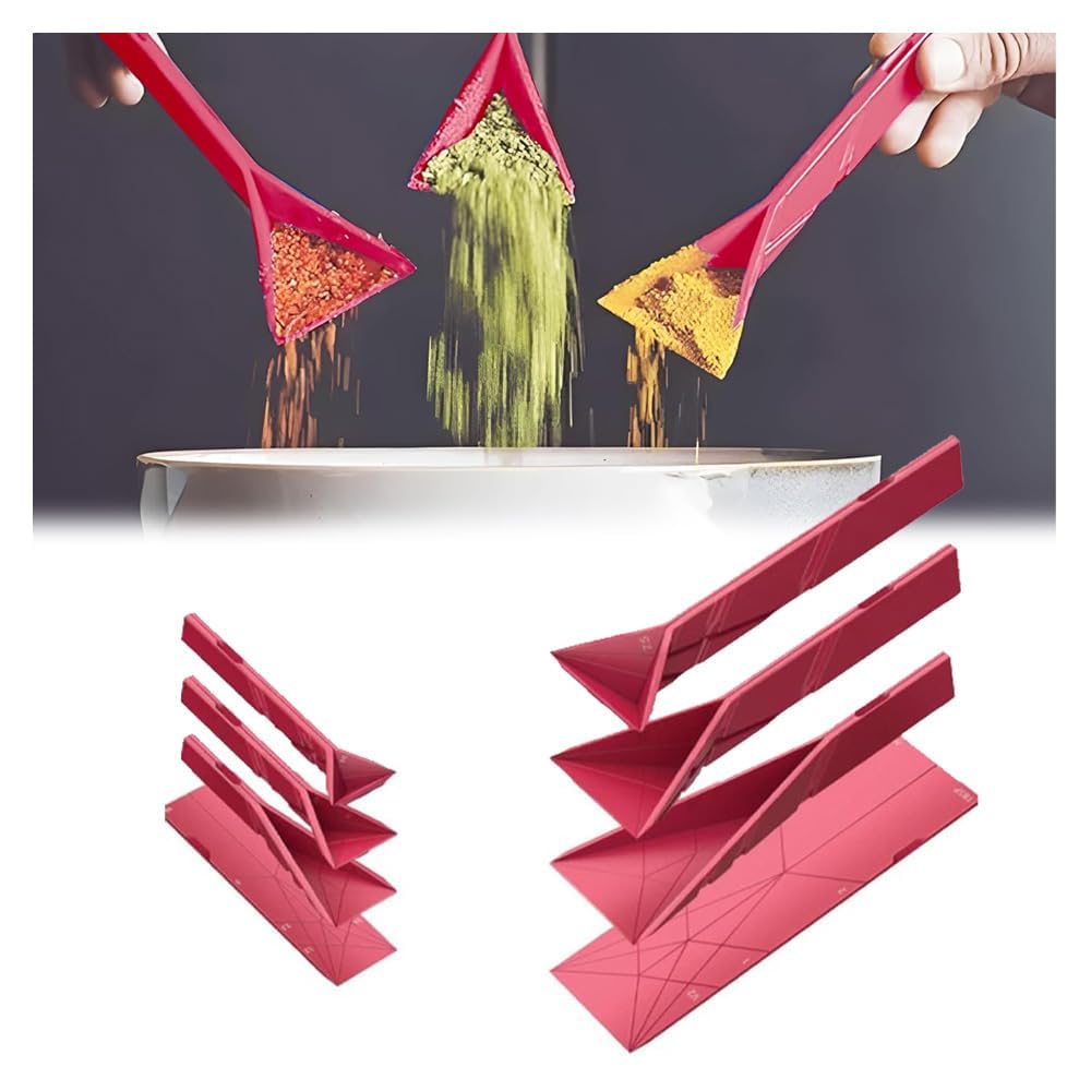 Doyeozoowen Red Polygons Flat 3-In-1 Magnetic Measuring Spoon Silicone Multifunction Folds Flat Kitchen Gadget Utensils Scoop - 2 Spoons With 6 Different Sizes For Baking (Red)