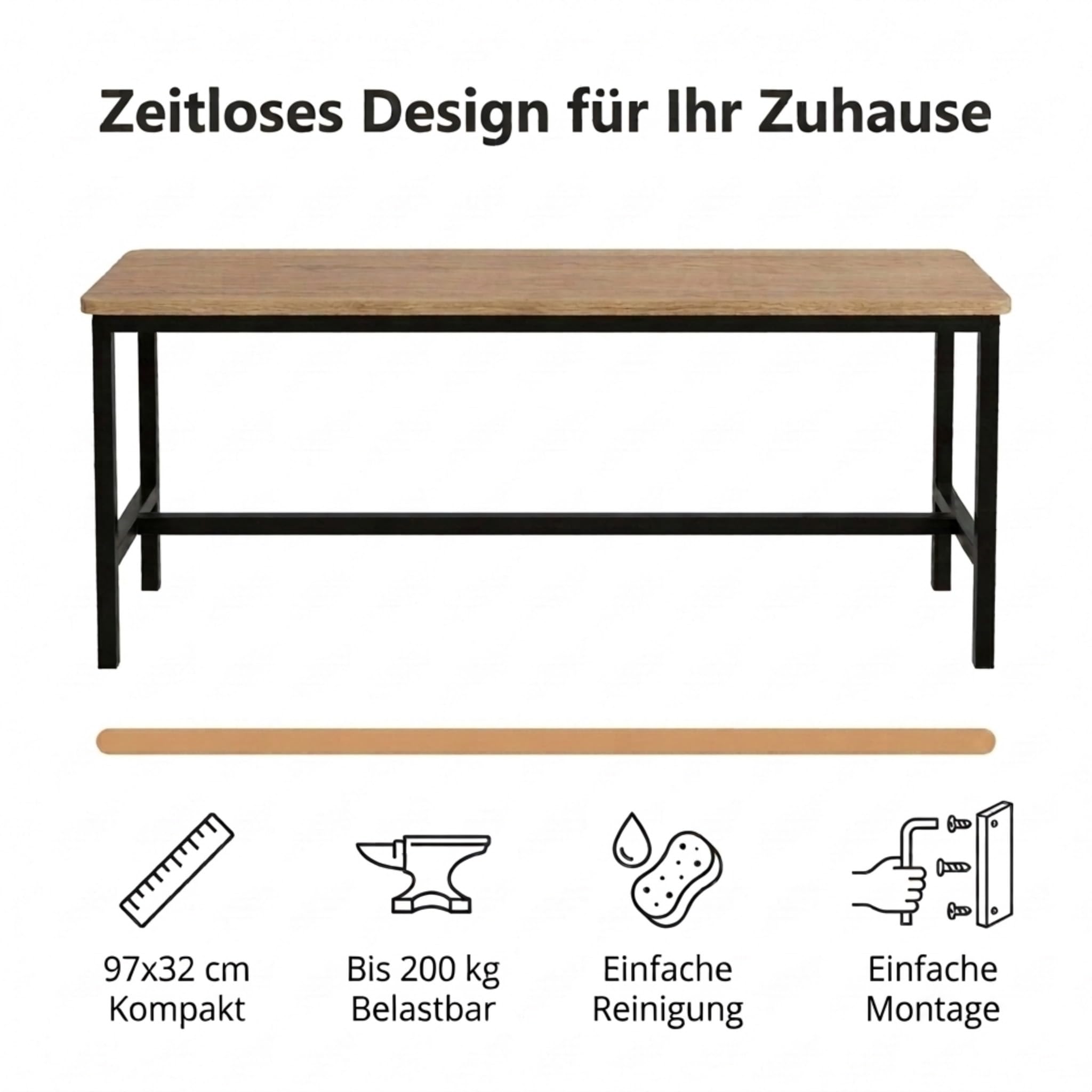 SAM Sitzbank Agata | 97 x 32 cm | Bank Holz-Optik Eiche | Schwarzes Metallgestell | Esszimmer- & Küchenbank | Robuste, Pflegeleichte Holzbank Esszimmer & Sitzbank Flur