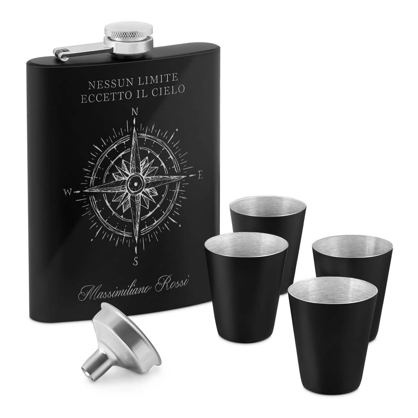 Fiaschetta nera in metallo - 200ml - 4 bicchieri e mini imbuto - incisione personalizzata - in acciaio inossidabile - dimensioni 15,5cm x 9,5cm - pensiero per uomo - bussola