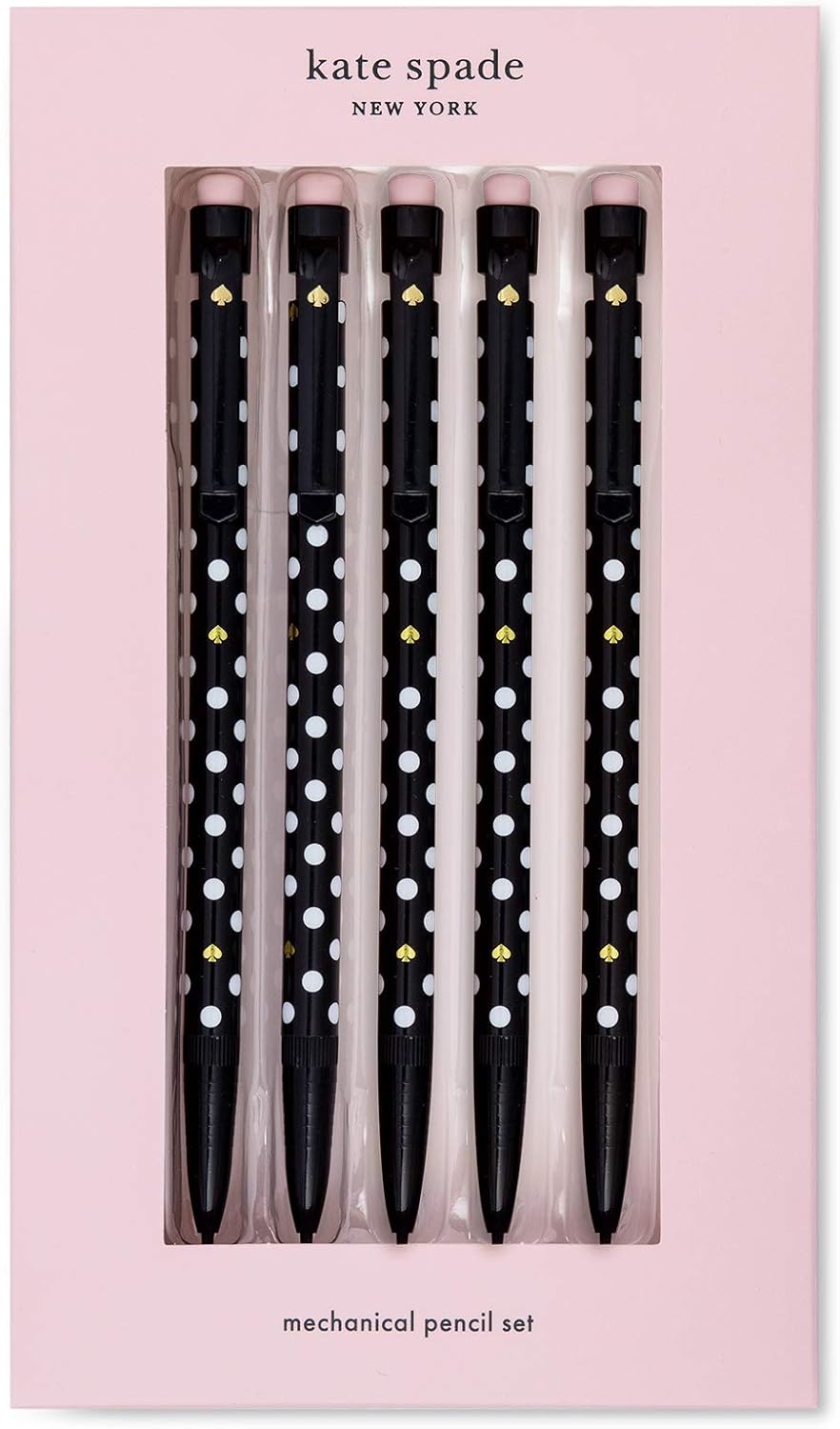Kate Spade New York Black Plastic Mechanical Pencil Set of 5, Pencils Hold 7mm Lead, Polka Dots