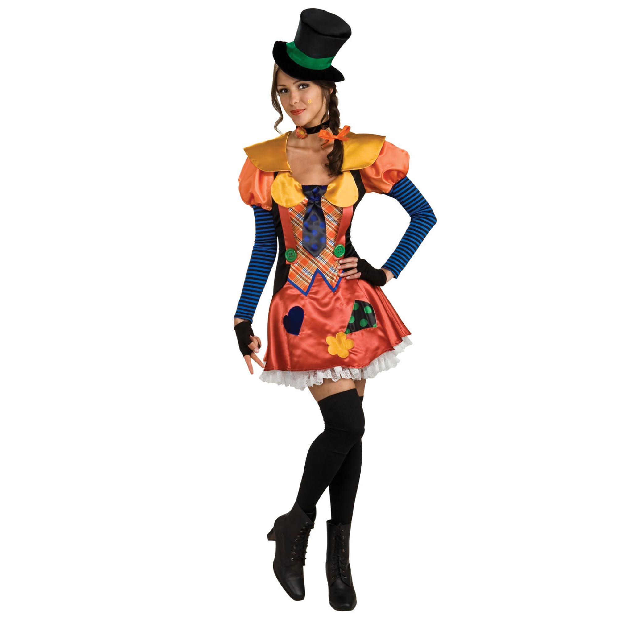 Yummy Bee Women’s Hobo Clown Costume | Circus Fancy Dress Outfit for Adults | Halloween & World Book Day Clown Costume with Dress, Hat, Choker & Leg Warmers