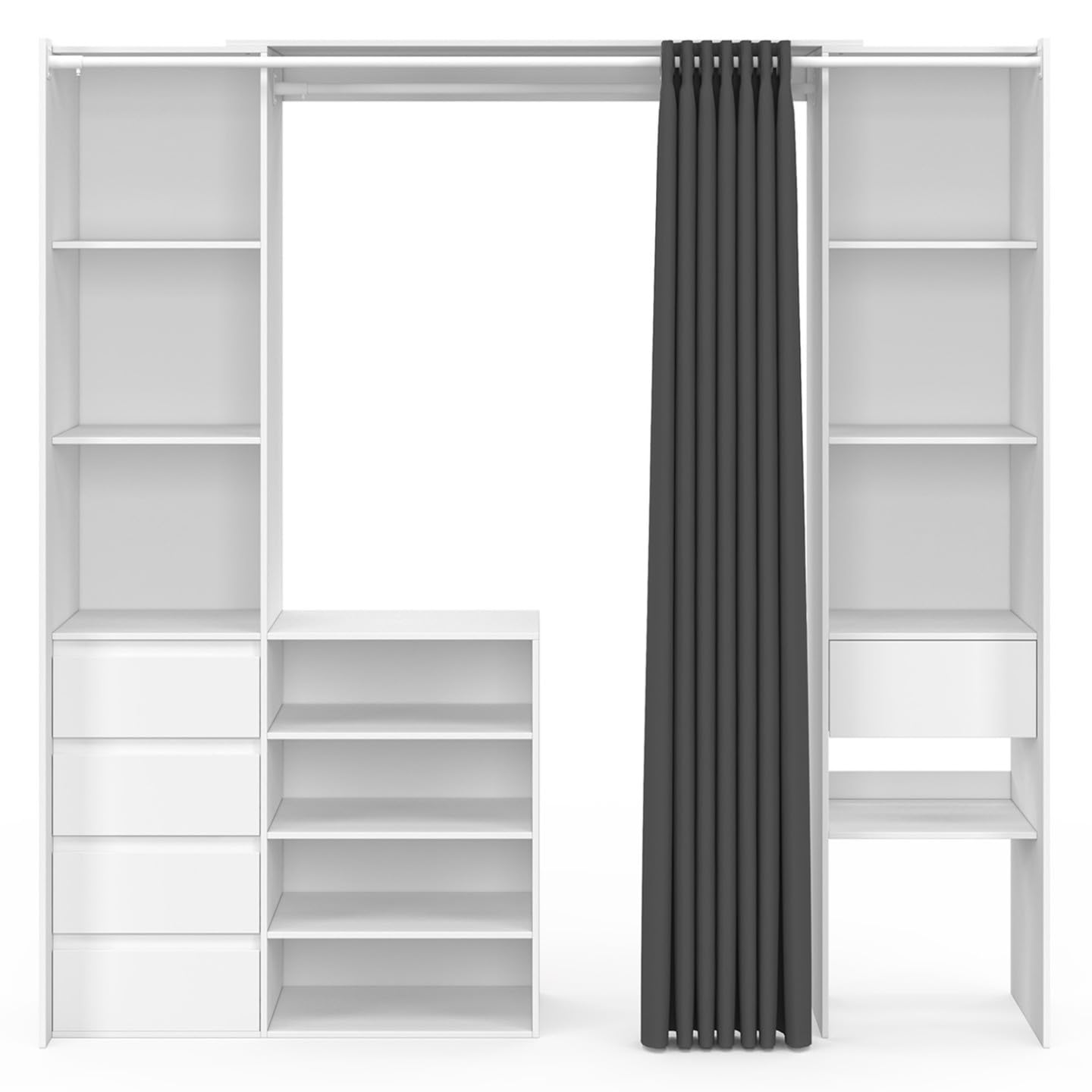 IDMarket - Vestidor extensible doble XXL MERYL 120/180 cm blanco con cajones + estantes + armario + cortina gris