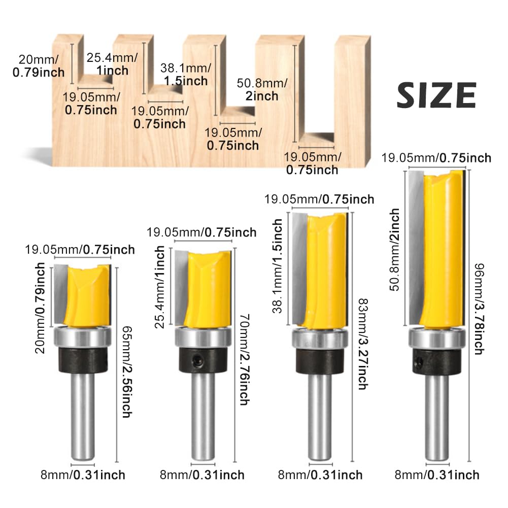 4 fresas de enrasado, rodamientos superiores, fresadoras de 8 mm, fresa superior, herramienta de corte con rodamientos de bolas para madera, bordes y copiadora