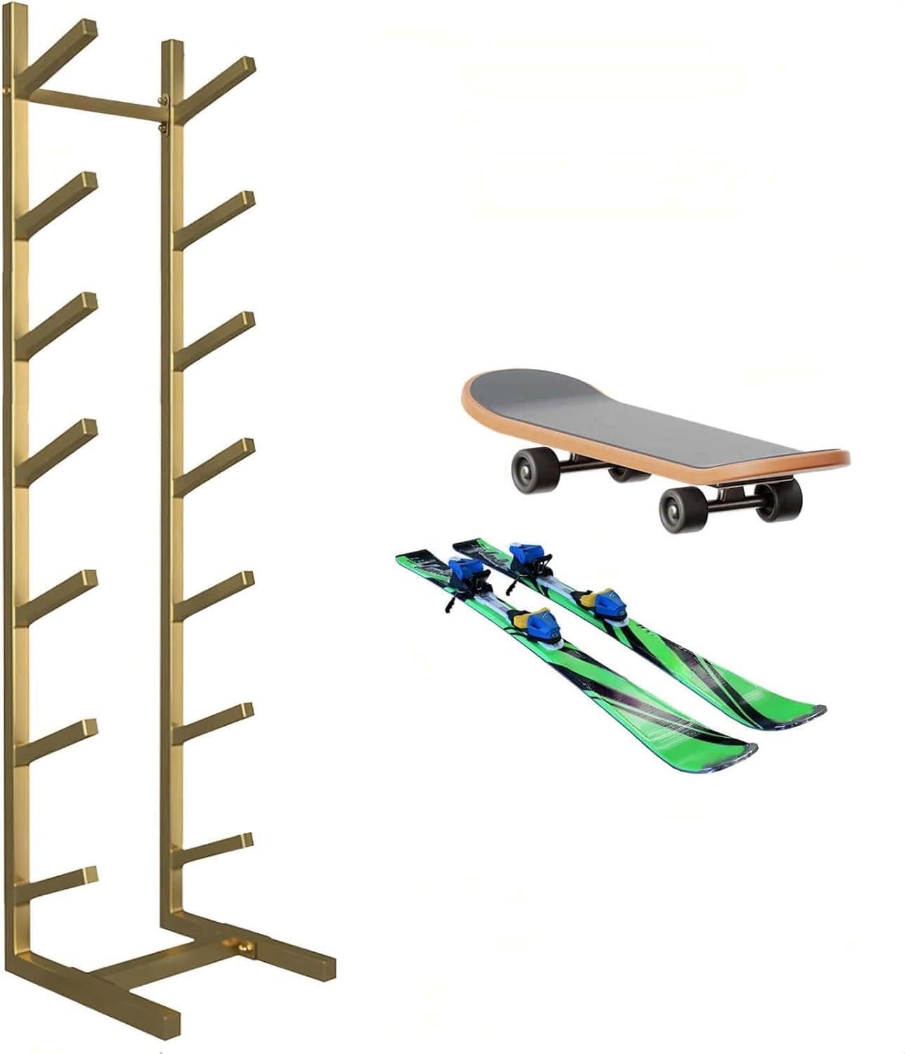 TQOVOQT Sturdy & Stable Skateboard Rack, Snowboard Rack & Holder - Heavy-Duty 4-6 Tier Floor Stand, No Wobble Design for Garage, Gym, Shop (Black/White/Gold)(Size:4-layer rack,Color:golden)