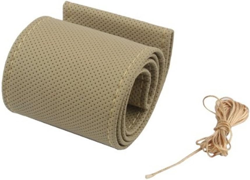 15 Inch Universal Microfiber Leather Car Steering Wheel Cover Anti-Slip Stitch on Wrap with Needle & Thread DIY Sewing Car Interior Accessory (Beige)