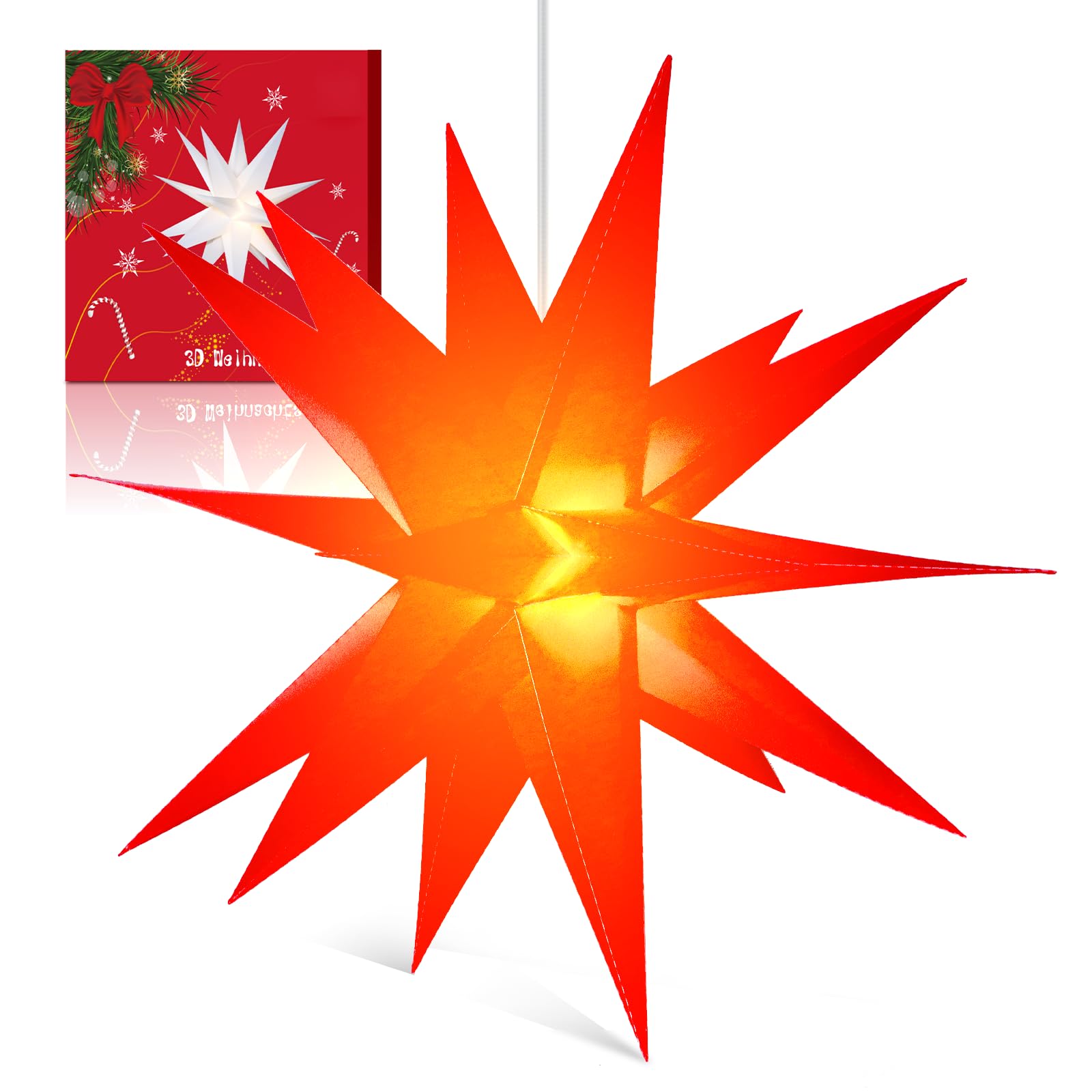 Sky angle Estrella de Navidad 3D iluminada con batería con temporizador para ventanas, 60 cm, estrella luminosa para decorar el árbol de Navidad, estrella de Navidad LED roja para patio, balcón y
