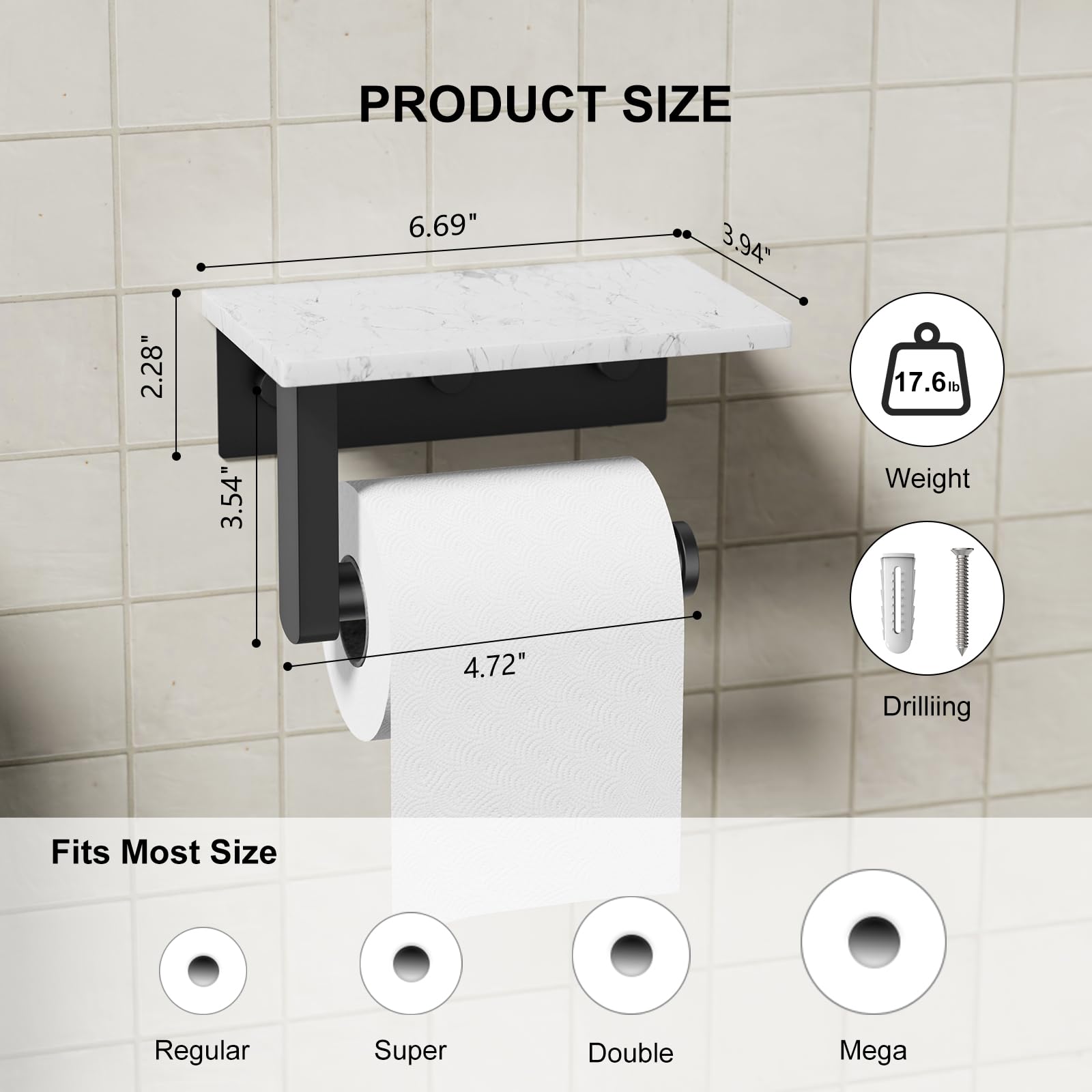 Matte Black Toilet Paper Holder with Marble Shelf Tissue Roll Holder — Amazon image 3