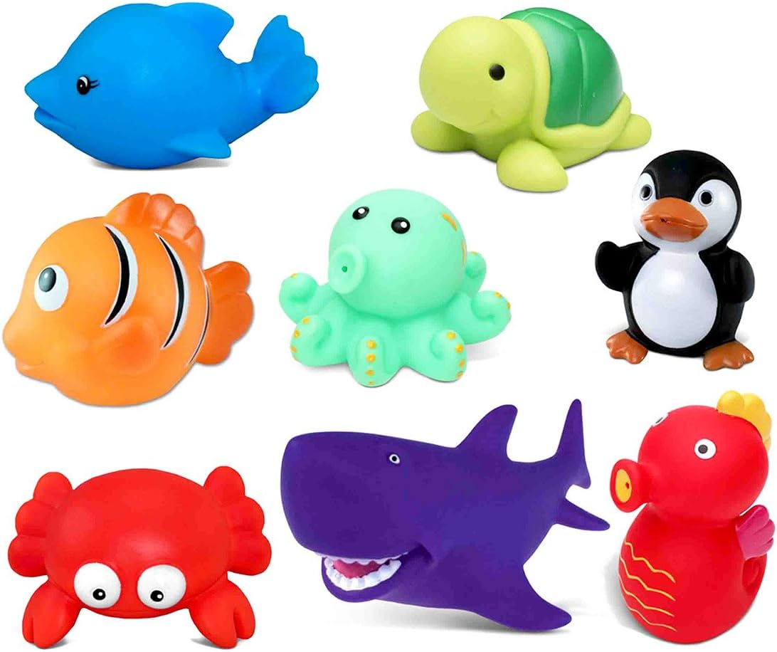 Dollibu Bath Buddies Ocean Critters Rubber Squirter Toys - Crab, Dolphin, Fish, Turtle, Shark, Octopus, Sea Horse, Penguin - 3 inch - for Baths, Pool, Outdoor - Baby Bathtime Learning (8pc Set)