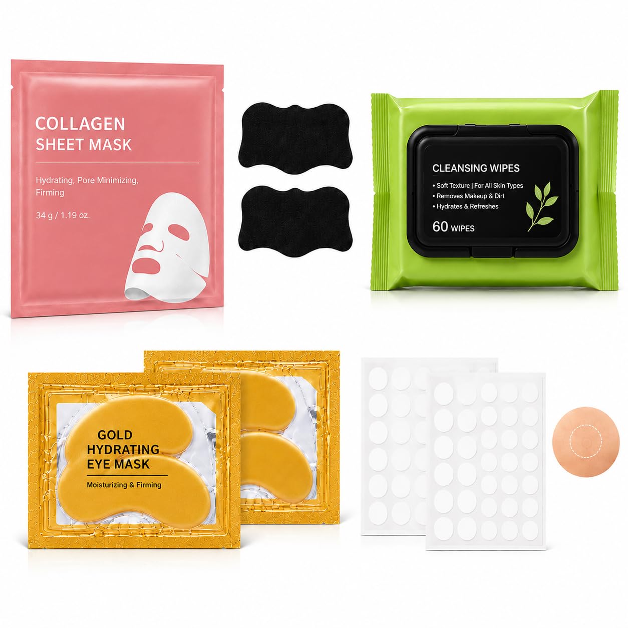 5 Step Instant Glow Skin Care Kit for Women – Collagen Sheet Mask, 60 Cleansing Wipes, 2 Charcoal Nose Strips, 2 Gold Under Eye Patches, 72 Acne Pimple Patches | 138+ Pcs Complete Face Care Set | Gift for Girls-image-1