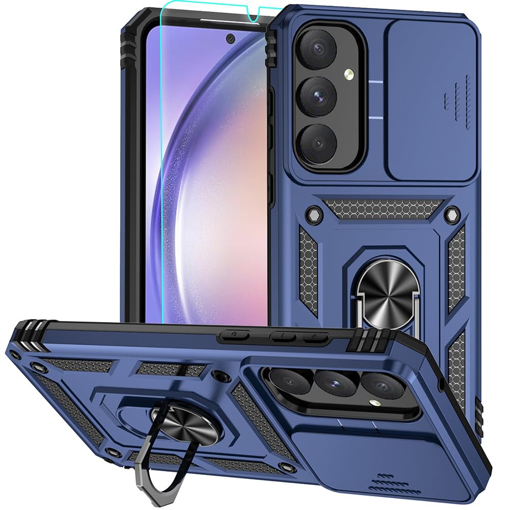 for Samsung Galaxy A35 5G Case, Soft Silicone Rubber Bumper Hard Plastic Phone Case with [Sliding Camera Lens Cover] [360° Rotatable Kickstand Ring] [HD Screen Protector] for Galaxy A35 5G Blue