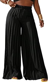 Women's Elegant Flowy Palazzo Wide Leg Pants Elastic High Waisted Loose ...