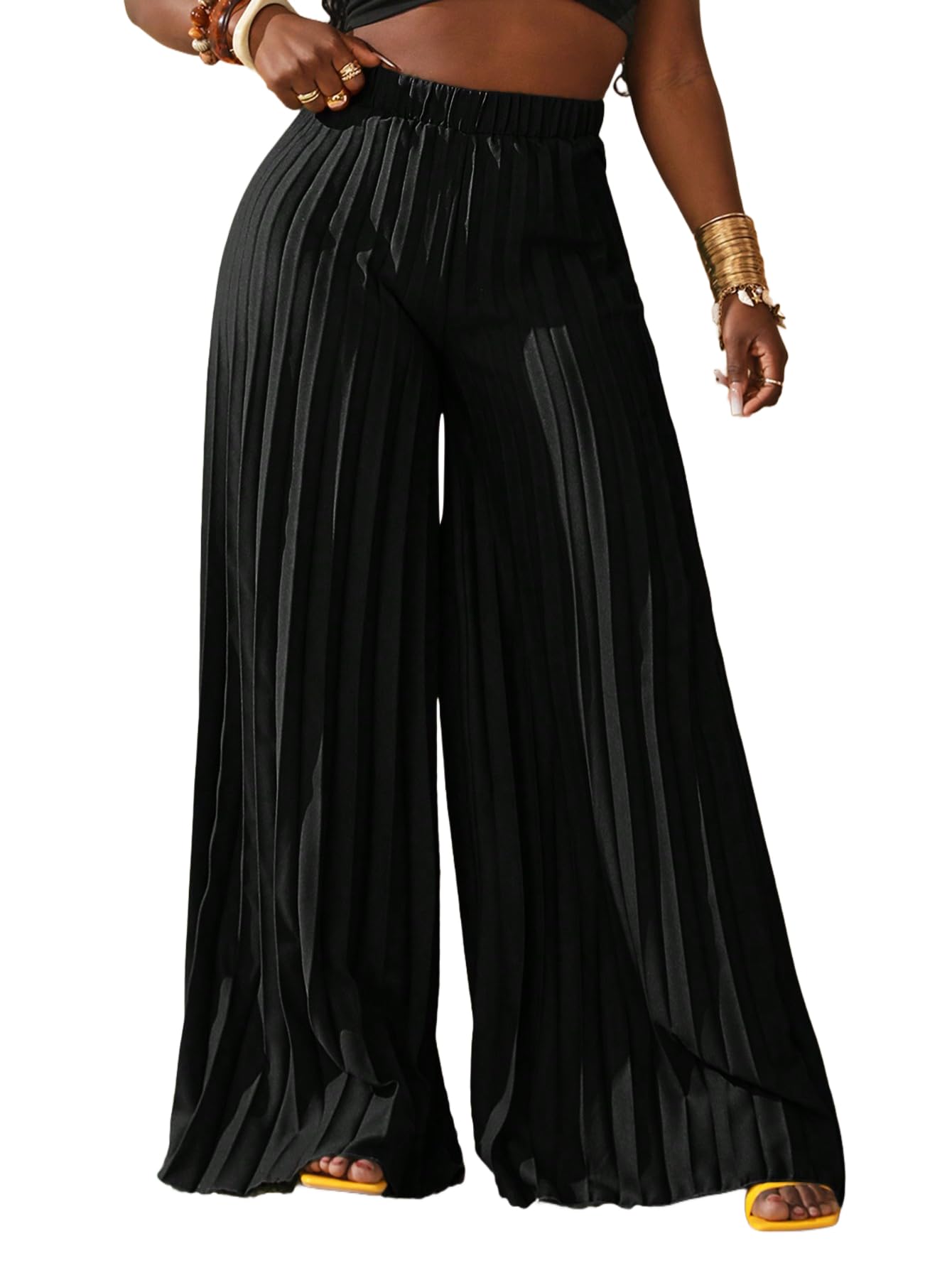 QJQ Womens Elegant Flowy Palazzo Wide Leg Pants Elastic High Waisted Loose Dressy Pleated Trousers