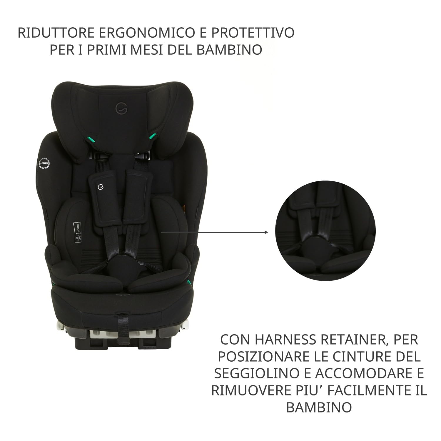 Giordani Antares Seggiolino Auto 76-150 cm i-Size, Omologato R129/03 con Isofix e Top Tether, con Riduttore Ergonomico, Sistema Harness Retainer e Cinture Regolabili, Evolutivo 0-12 Anni