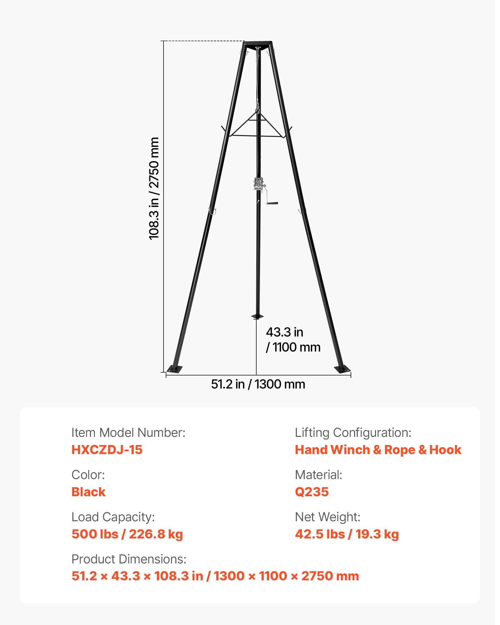 VEVOR Game Hoist, 227 kg Tragkraft, Jagd-Wildhebezeug mit Seilwinde und Gambrel, Wildaufhänger, Jagdspiel Zubehör zur Enthäutung und Reinigung von Jagdwild, 1300 x 1100 x 2750 mm, Schwarz