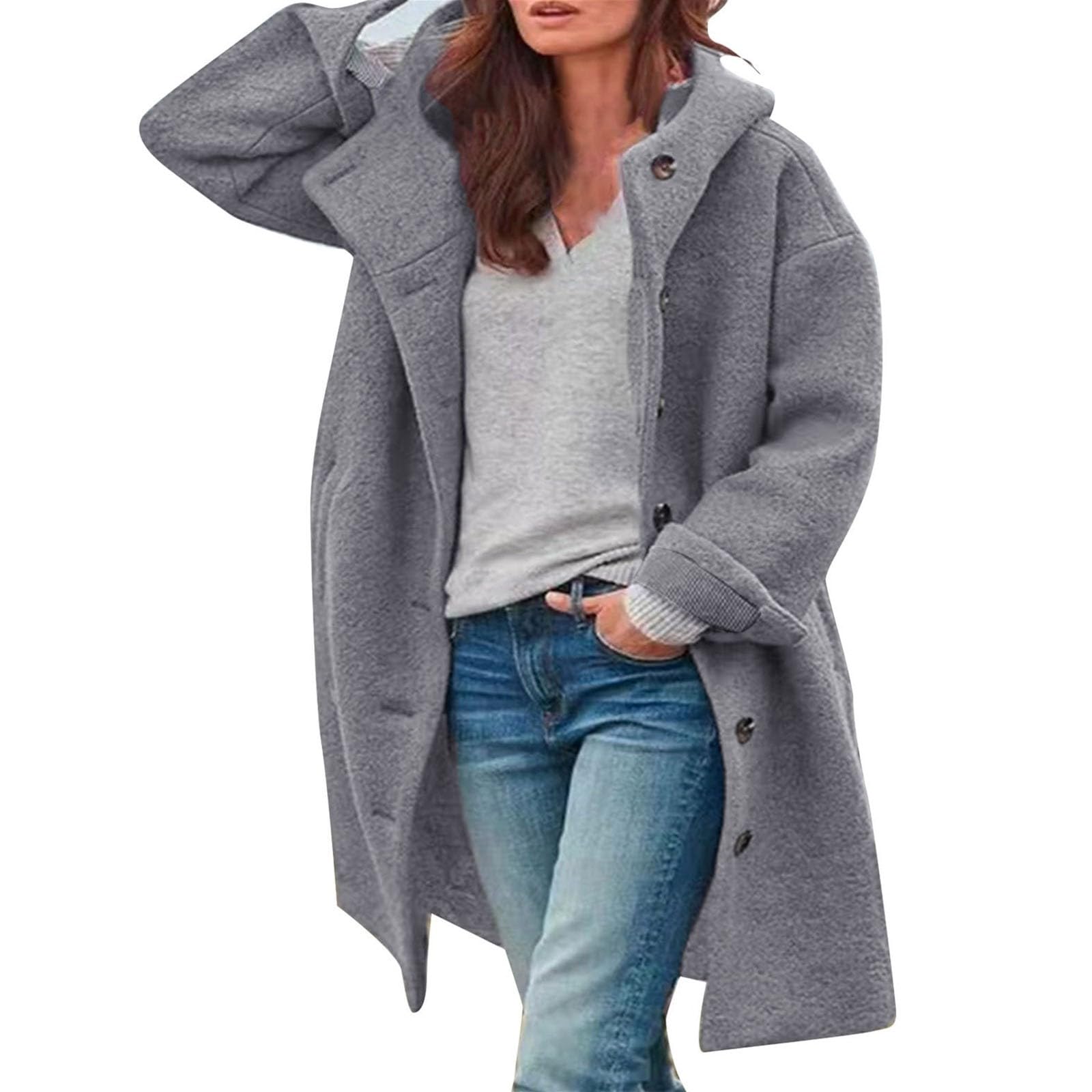 GenericWomen'S Pea Coat Casual Thicken Wool Single Breasted Blend Stand Collar Winter Long Wool Coat With Hood Coats Jacket