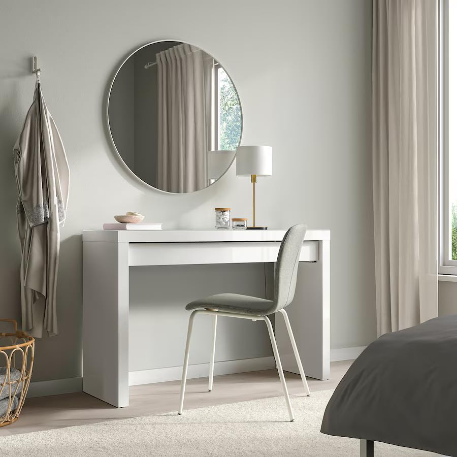 ZRIZAURA MALM Dressing Table, 120x41 - Vanity Desk with 1 Drawer, Tempered Glass Top, Fibreboard with Acrylic Paint Storage for Makeup, Jewelry & Essentials (White High Gloss)