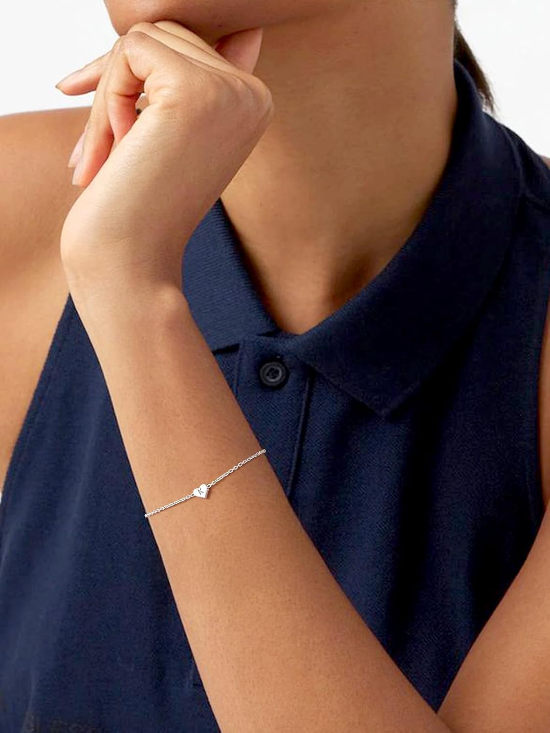 Sterling Silver Heart Letter Bracelets Silver Initial 18K White Gold Plated Bracelet Initial Charm 18K White Gold Plated Dainty Bracelet Jewelry Women Teen Couples Girlfriend - Image 2