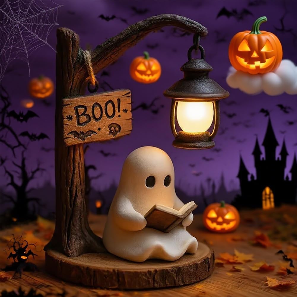 Ghost Reading Lantern, 3D Halloween Cute Ghost Reading Lantern with Warm Glow Ghost Figurine, Spooky Halloween Decor for Bedroom Living Room Office, Fun Indoor Ornament & Gift Idea (1pc)