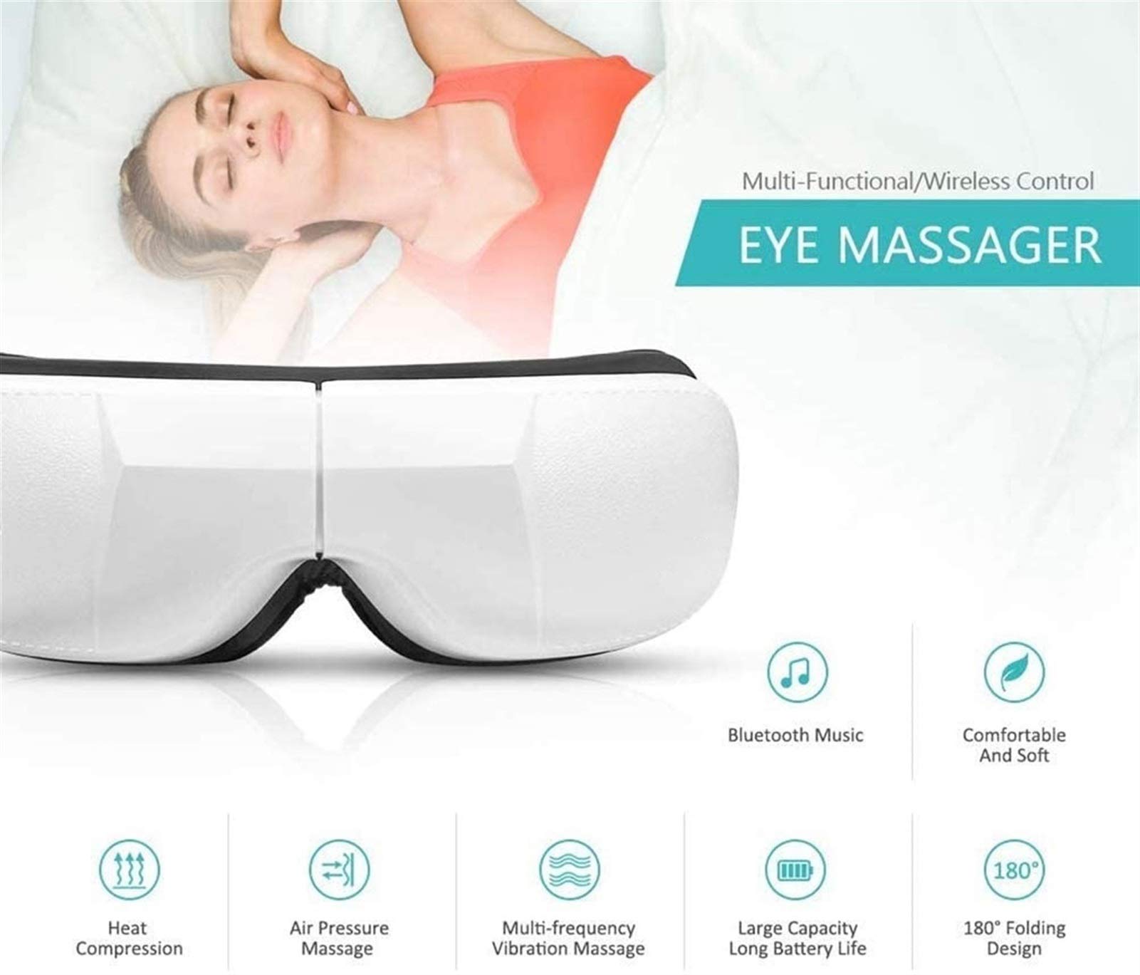 Masajeador de ojos eléctricos con calor, compresión de aire, música bluetooth, masajeador de ojos inalámbricos para aliviar los ojos secos, la fatiga ocular, la mejora de la circulación sanguín