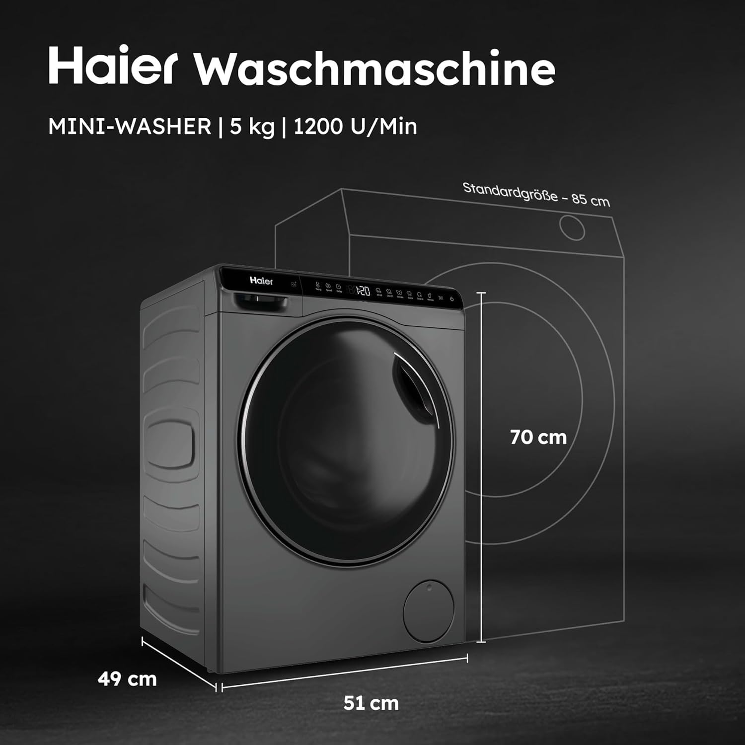 Haier Mini-Waschmaschine 5kg 51cm Breite 70cm Höhe 1200 U/Min Inverter-Motor A-Effizienz HW50-BP12307GU1