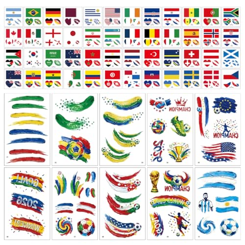World Cup 2026 Soccer Tattoos 10 Sheets Oil Painting Style48sheets Temporary Tattoos Country Flag Face Stickers Waterproof National Flag Tattoos Suitable for fans of all ages a total of 58 pieces