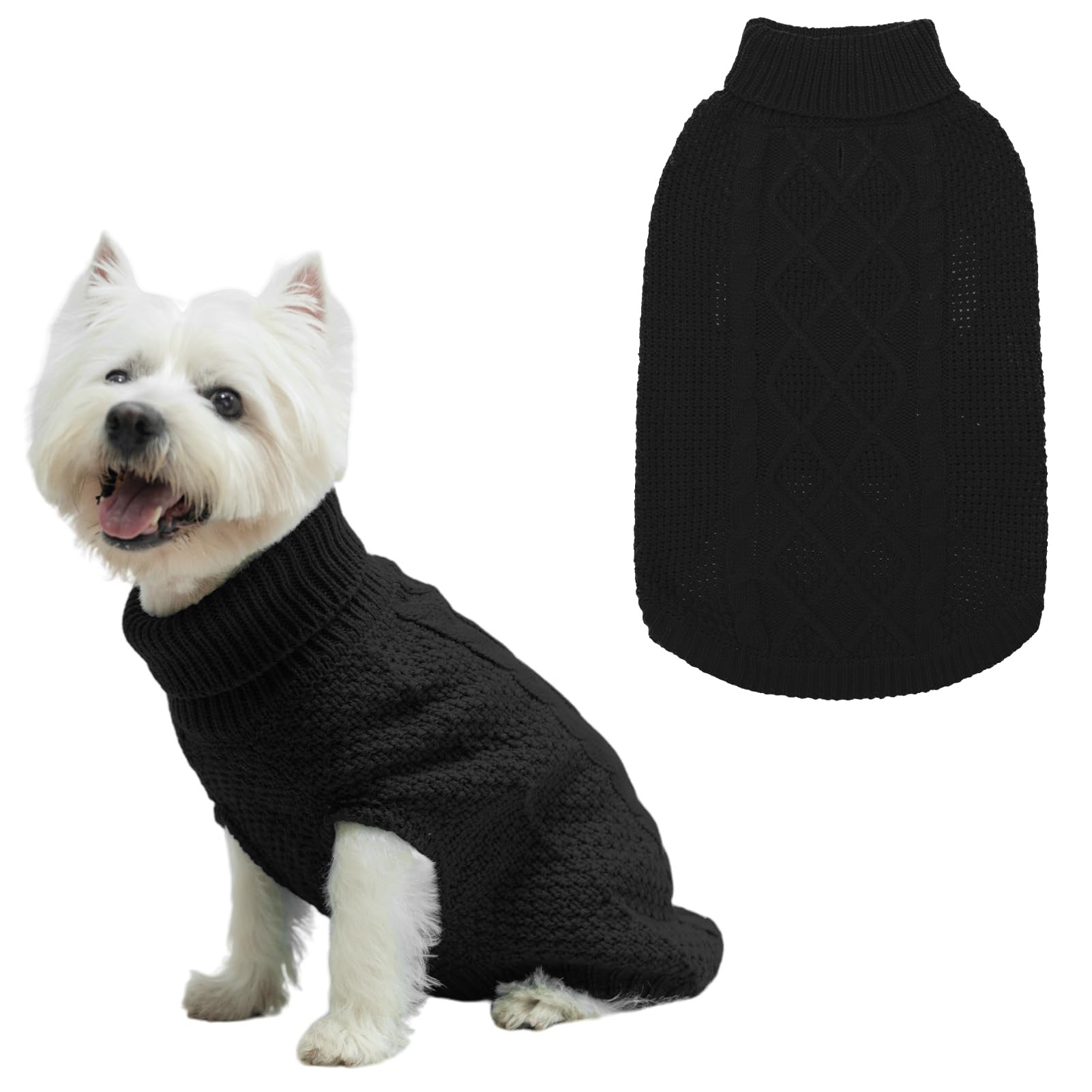 Mihachi Turtleneck Dog Sweater - Winter Coat Apparel Classic Cable Knit Clothes with Leash Hole for Cold Weather, Ideal Gift for Pet in New Year Black