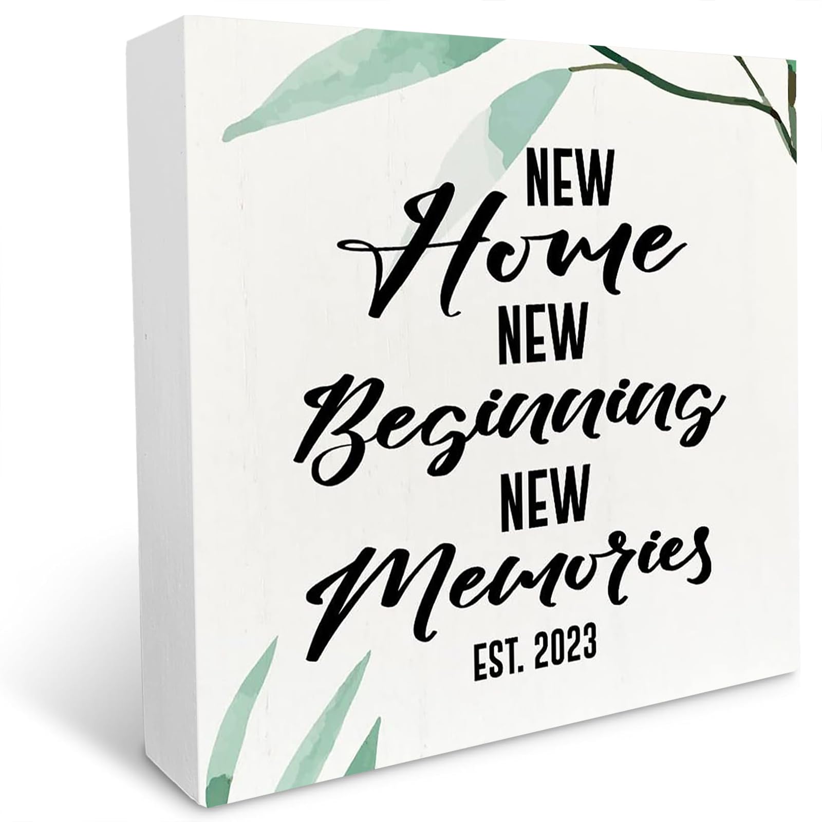 New Home New Beginning Wood Box Sign, Housewarming Gift, Rustic Family Quote Wood Box Plaque Sign for Farmhouse Office Home Shelf Table Decoration, 5x5 Inches