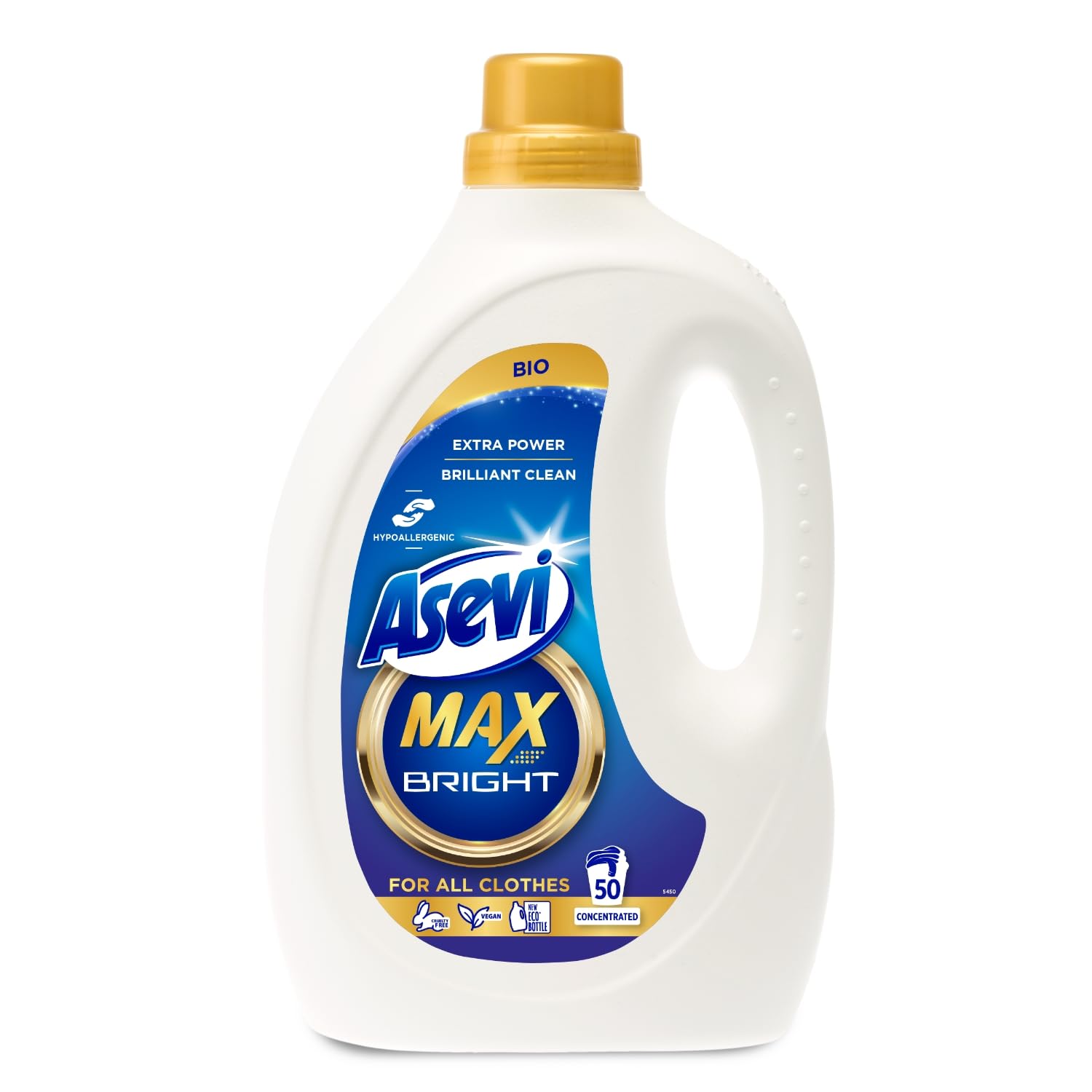 Asevi Max, Hypoallergenic Bio Laundry Detergent, Concentrated Liquid Laundry Cleanser, Bright, 2500ml, 50 Washes