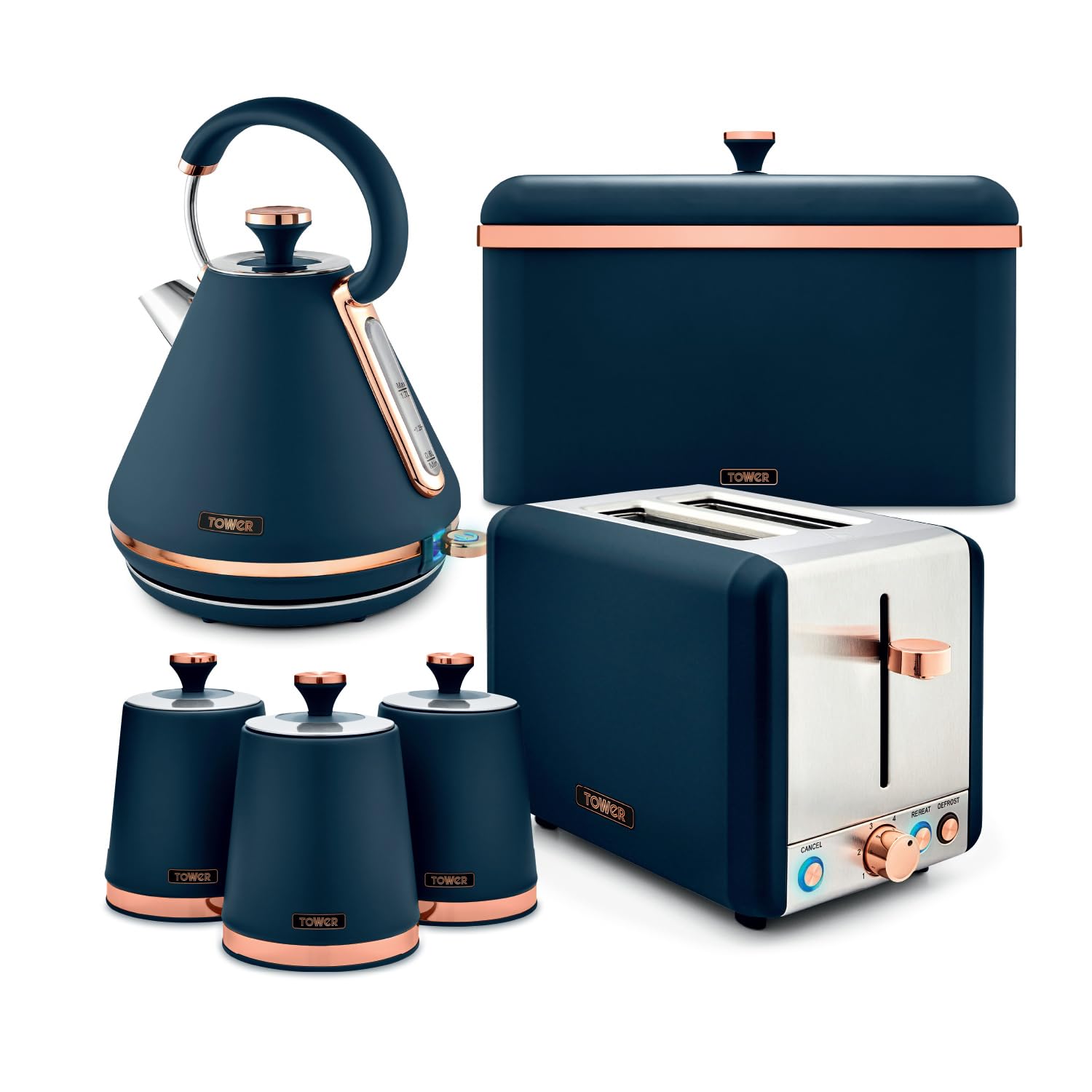 Tower Cavaletto 4 Piece Kitchen Set, 3kW 1.7L Pyramid Kettle, 2 Slice Toaster, Bread Bin & 3 x 1.3L Canisters, Midnight Blue, EEJB470