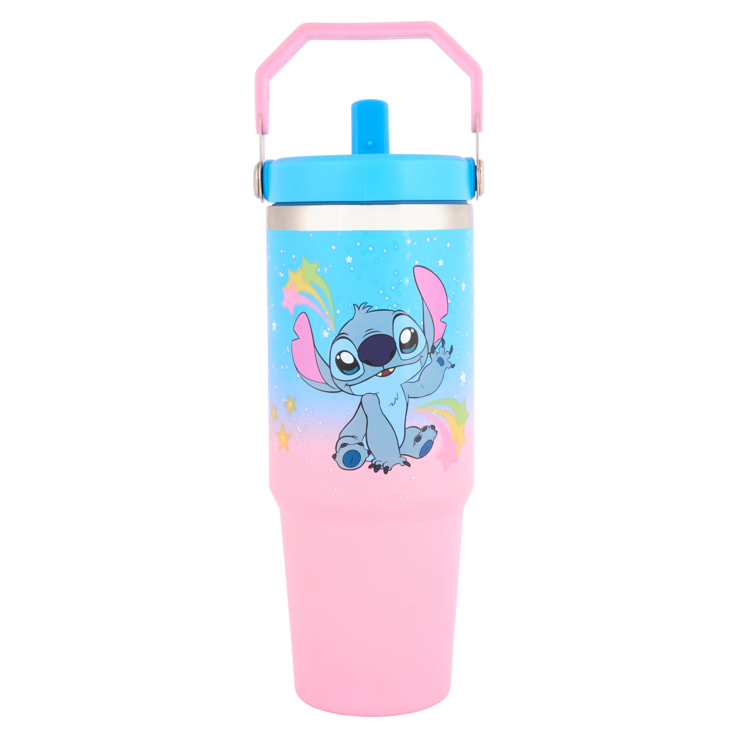 Disney Stitch Insulated Stainless Steel Tumbler by Polar Gear with Straw and Handle, Pink and Blue Gradient, 900ml