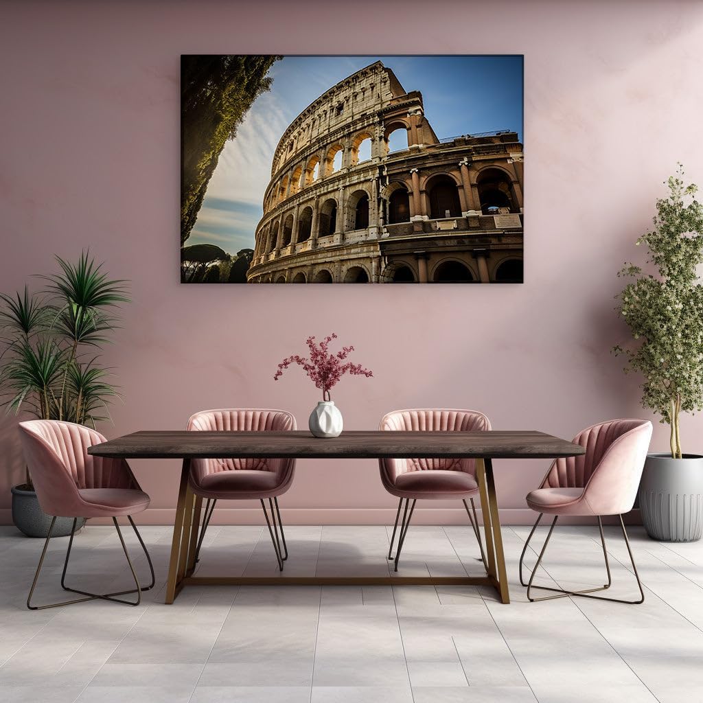 Canvas for Living room. The Majestic Colosseum Basked in Sunrise Hues Amidst Rome's Eternal Grandeur, 27 x 18 inch Canvas Wall Art - Contemporary Masterpieces - Modern Home Decor