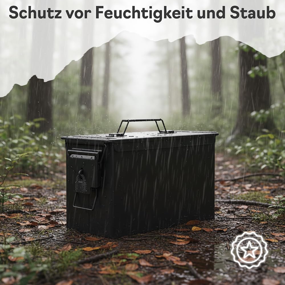 Trucky Munitionsbox mit Schloss 33x19x23 cm Ammo Box Metallkiste Metallbox Munitionskiste Aufbewahrungsbox mit Deckel Army Schwarz Metall