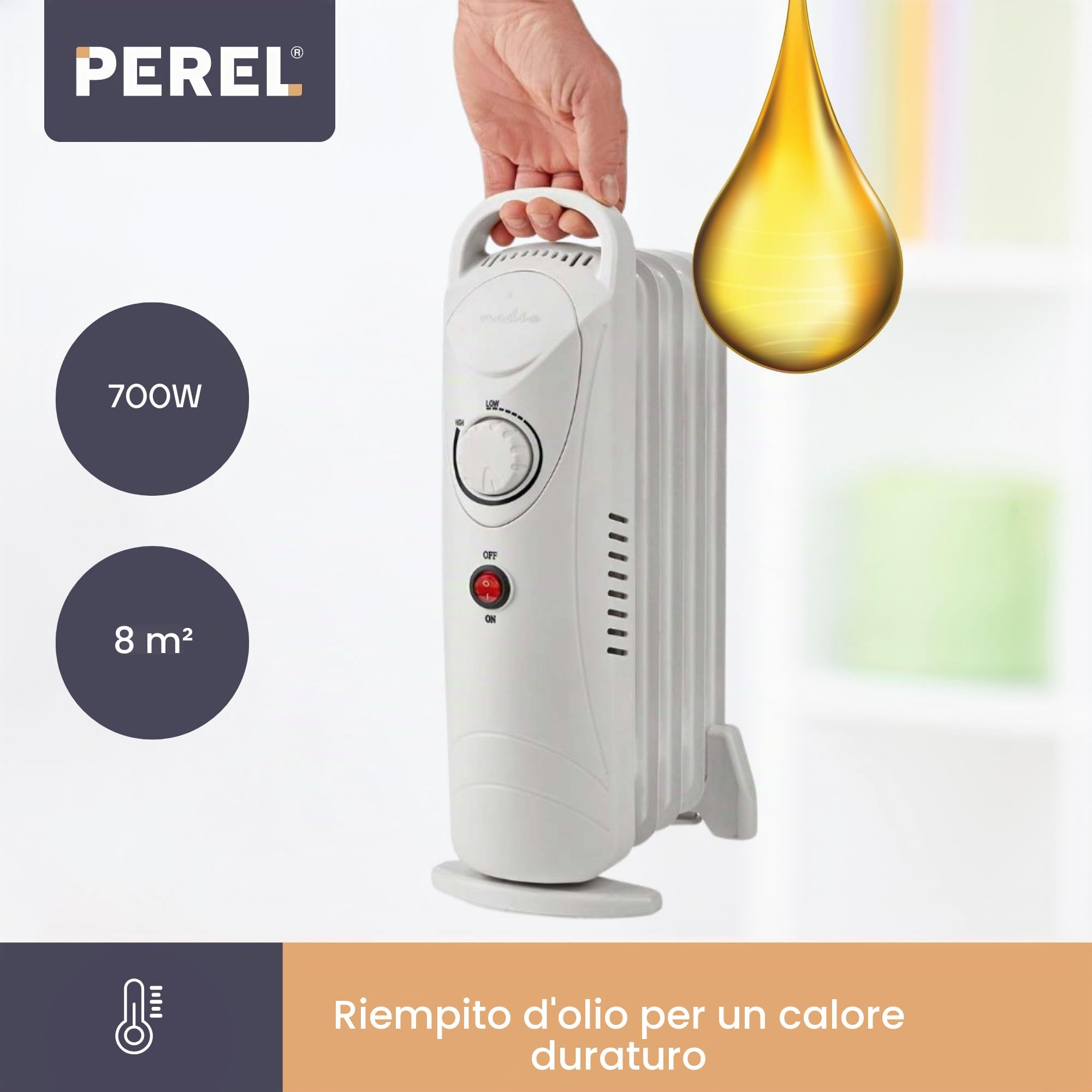 Perel Radiatore a olio 700W con 7 alette, termostato regolabile, maniglia, ruote, protezione contro il surriscaldamento e il ribaltamento – stufa portatile silenziosa ed efficiente per stanze fino a