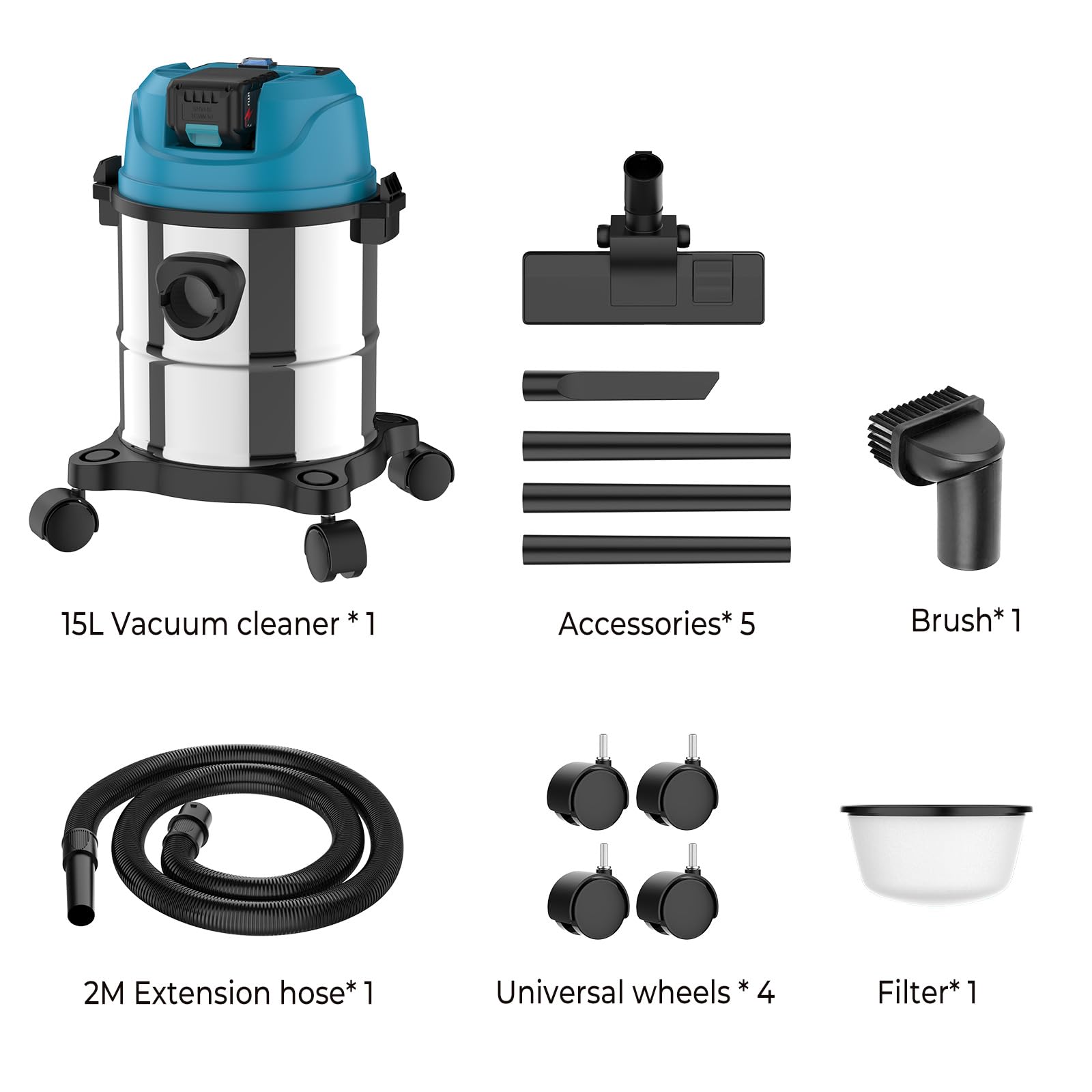 Aspirapolvere a secco umido per batteria Makita 18 V, 15 l, in acciaio inox, 1200 W, aspiracenere a batteria con bocchetta per pavimento e fughe, sistema di tubi ø 32 mm, senza batteria (0 batterie)