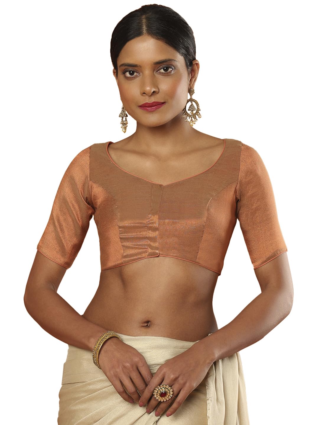 Sweetheart Neck Copper Tissue Elbow Sleeves Readymade Blouse-image-40